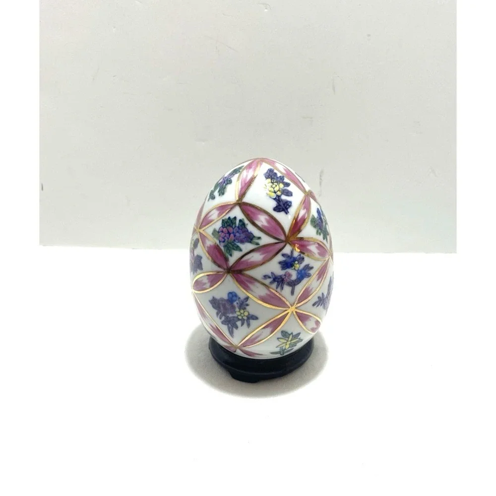 Vintage Hand Painted Porcelain Egg on Stand Floral Pink Ribbon Easter Cottage